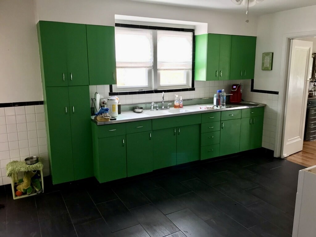 Metal cabinets that are green before we painted them.