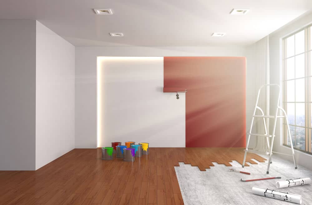 Repair and painting of walls in room. 3D illustration.

